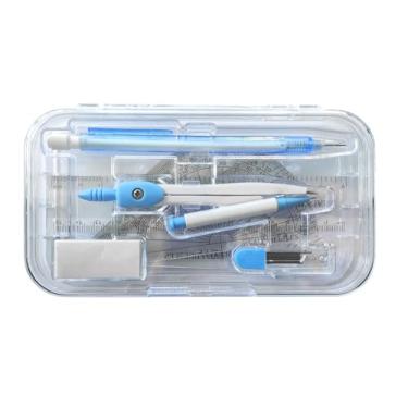Imagem de Conjunto de matemática azul pastel 8 peças, conjunto geométrico quadrado pacote com 4 peças, bússola, lapiseira, grafite de lápis, borracha incluída em uma caixa de plástico reutilizável, bom conjunto
