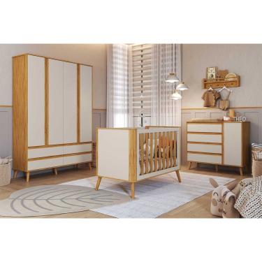 Imagem de Quarto Infantil Completo Theo 3 Peças (1GuardaRoupa+1Berço+1Cômoda) QI110 Off White/Amendoa - Peroba
