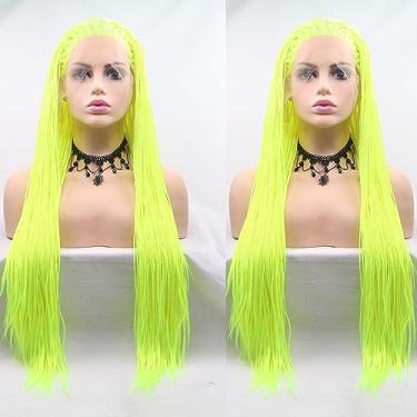 Imagem de xiweiya Peruca longa neon verde micro tranças verde amarelo micro trançado frontal neon destaque cabelo trança holandesa fibra resistente ao calor afro trança 180% densidade peruca feminina caixa
