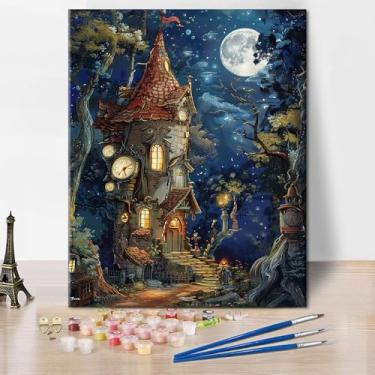 Imagem de TUMOVO Kits de pintura por números para adultos em tela, pintura de castelo de desenho animado por números, pintura de castelo assombrado por números para adultos, arte em tela DIY para adultos, 40 x