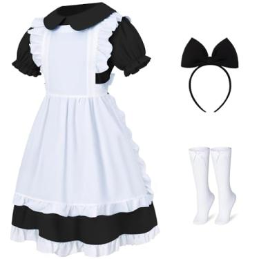 Imagem de Vestido azul para meninas, avental branco, fantasia de Halloween, fantasia de princesa com faixa de cabeça e meia para 7 a 14 anos, Preto, 13-14 Anos