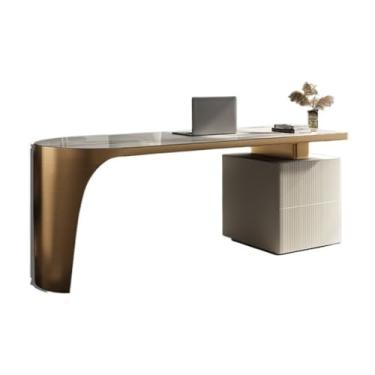 Imagem de ZzleoyuUUs-12 Mesa de escritório executiva moderna com armário de armazenamento, escrita superior de laje de pedra, mesa de estudo com estrutura de aço dourado estável (G)