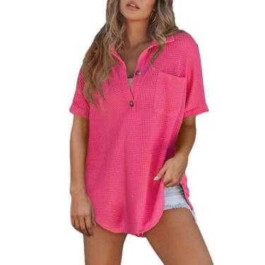 Imagem de Túnica feminina elegante de malha waffle, camisa solta para namorados,