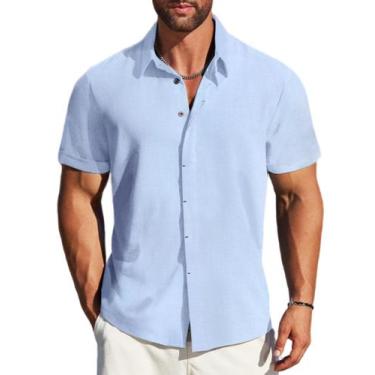Imagem de Camisa masculina casual MAPICK com botões, algodão, linho, azul claro