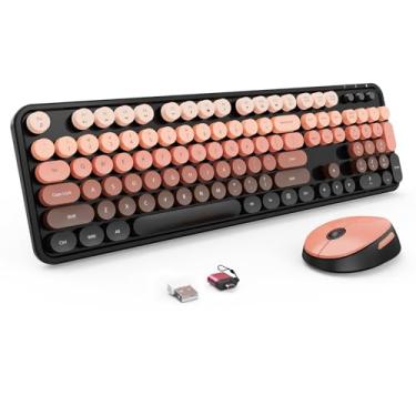 Imagem de Nowlike Combo de teclado e rato sem fios, teclado retro de máquina de escrever com teclas redondas, ergonómico de tamanho real, vermelho aurora, ideal para PC com Windows, casa, escritório e