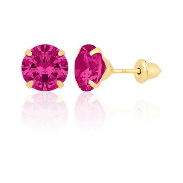 Imagem de Brinco Ouro 18k 750 Pedra 6mm Solitário Antialérgico 2º Furo Vermelho 