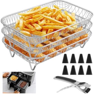Imagem de 3 unidades de rack de fritadeira a ar em camadas, prateleiras desidratadoras de aço inoxidável, acessórios de fritadeira a ar para forno, churrasqueira de forno com clipe e almofada de pés elevados,