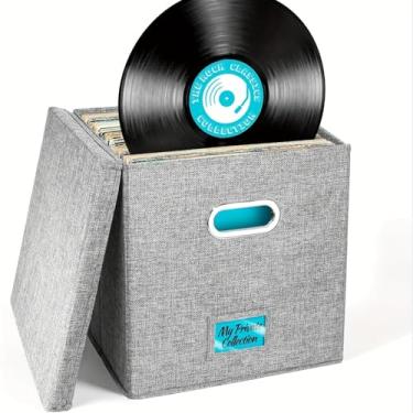 Imagem de Pacote com 2 caixas de armazenamento de discos de vinil, organizador de álbuns de vinil de 33 x 33 x 33 cm com tampa, caixas decorativas para discos LP para guardar até 100 discos individuais, caixa