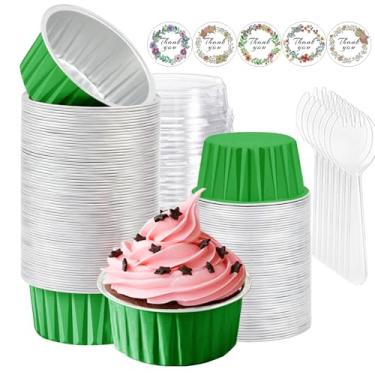 Imagem de 100 peças de copos de cupcake de folha de alumínio com tampas, mini formas de bolo com tampas e colheres, 142 g descartáveis de ramequins para assar, formas de muffin, copos de cupcake para festa