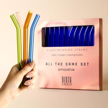 Imagem de Pacote com 10 canudos grossos reutilizáveis de vidro para smoothie – Coloridos, duráveis – Inclui 10 canudos de smoothie e 2 escovas de limpeza – Para Smoothies, Café Gelado, Lattes, Matcha