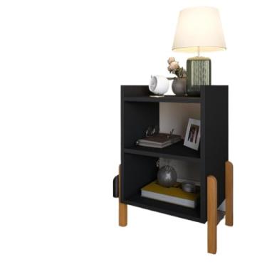 Imagem de Mesa De Cabeceira Para Quarto Com Prateleira Pé Madeira Maciça (Preto)