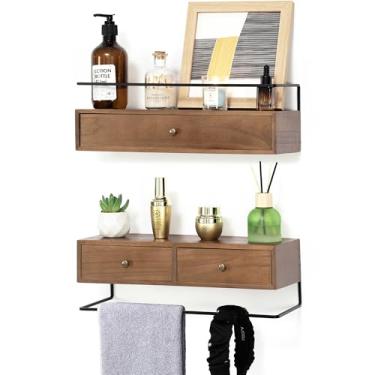Imagem de Prateleiras flutuantes para armazenamento na parede, prateleira de banheiro montada na parede com gavetas, conjunto de 2, gavetas flutuantes de madeira rústica para sala de estar, cozinha, decoração