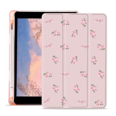 Imagem de JOYLAND Linda capa com laço de flor para iPad 9ª/7ª/8ª geração (2021/2020/2019) 10,2 polegadas com suporte de lápis estética floral rosa feminina capa dobrável à prova de choque despertar/hibernar