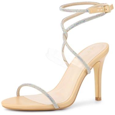 Imagem de Perphy Sandálias femininas de salto agulha cruzado com strass, Bege, 36