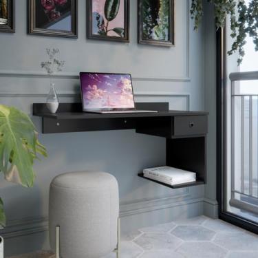 Imagem de Escrivaninha Suspensa para Notebook com Gaveta Mesa de Parede Pequena Compacta Home Office (Preto)