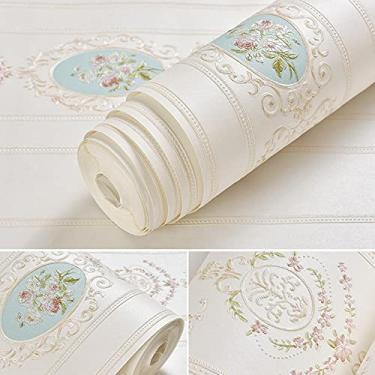Imagem de Papel de parede autoadesivo não tecido estilo europeu simples 3D em relevo adamascado versão AB papel de parede sala de estar quarto cabeceira TV fundo parede 20,87" Wx354,3" C descascar e colar (creme B)