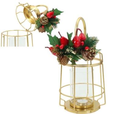 Imagem de Lamparina Luminária Natal Dourada Em Metal Decorativa 30cm - Genérico,