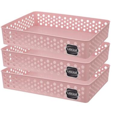 Imagem de Kit 3 Cestos Organizador Trama Rattam Grande 34x25cm Gavetas Armario Guarda Roupas (Rosê)