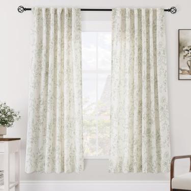 Imagem de Cortinas florais verdes 182,88 cm com aba traseira longa para sala de estar, cortinas com filtro de luz, estampa verde em creme branco, cortina de linho minimalista, estilo esboço, vintage, decoração
