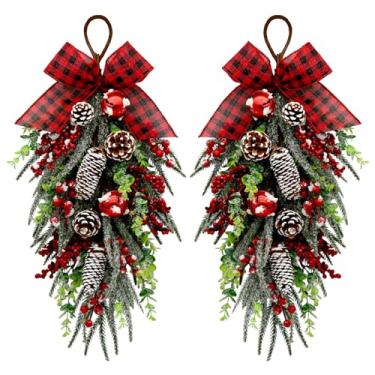 Imagem de nuvagiki Guirlanda de gota de Natal, guirlanda de gota de Natal, sinos artificiais, pinhas e bagas, decoração para pendurar, decorações de arco vermelho xadrez para decoração de casa e manto de porta