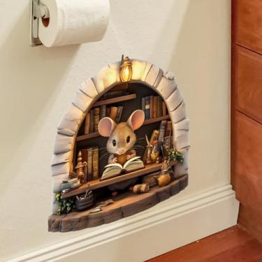 Imagem de BooDecal Mouse 3D Reading Book in Front of Bookshelf Wall Hole Decals 15 x 15 cm Portas Falso Orifício Vinil Decoração de Casa Adesivos de Parede para Halloween Efeito 3D - Ideia de Presente Divertida