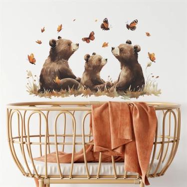 Imagem de sacinora Adesivos de parede aconchegantes de urso marrom para a família, urso bebê, borboleta, decalques de parede removíveis de vinil para meninos e meninas, berçário, quarto, sala de jogos