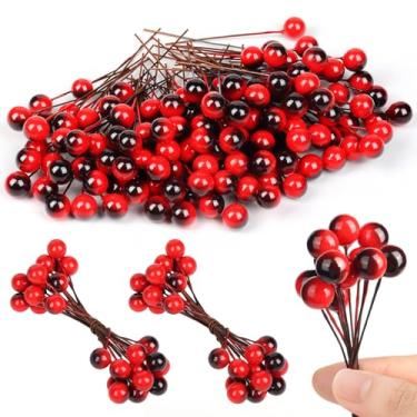 Imagem de JOLYEAK 150 peças de bagas artificiais de azevinho, bagas de azevinho de Natal, caules de bagas falsas no arame, palitos realistas de frutas vermelhas borgonha para guirlanda de Natal, mesa de árvore