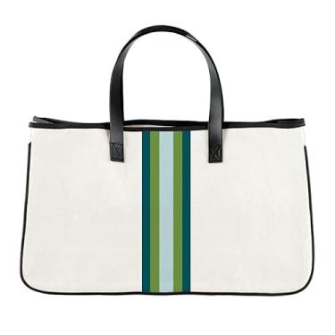 Imagem de Santa Barbara Design Studio Bolsa de lona listrada Racer - Alças de couro e forro à prova d'água, Natural + azul-petróleo, verde, 11" H x 20" W x 6" D, Inside Pocket: 7.5" H x 9" W, Preppy, casual