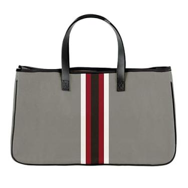 Imagem de Santa Barbara Design Studio Bolsa de lona listrada Racer - Alças de couro e forro à prova d'água, Cinza + vermelho, preto, 11" H x 20" W x 6" D, Inside Pocket: 7.5" H x 9" W, Preppy, casual, esportivo