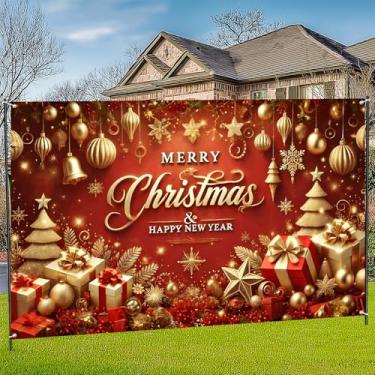 Imagem de Grandes decorações de banner de Natal bandeira vermelha presentes de feliz natal para decoração de casa interna suprimentos de festa, fundo de placa de quintal para fotografia (vermelho-10, 189 x 109