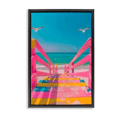 Imagem de Stupell Industries Arte de parede retrô rosa para escadas de praia com moldura preta, design por LSR Design Studio, 63 x 43 cm