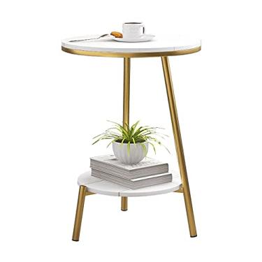 Imagem de Mesa de centro de design simples, mesa de cabeceira redonda, multifuncional, mesa pequena de 2 andares, mesa de centro criativa de mármore, mesa de ferro para sofá, mesa de cabeceira de metal, mesa