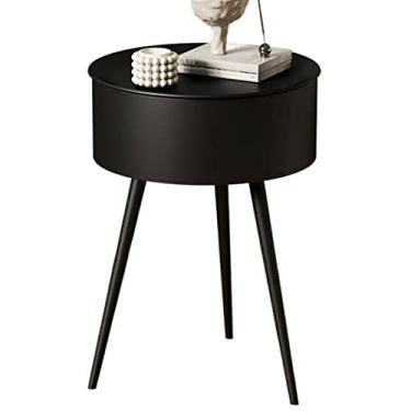 Imagem de Mesa de centro de design simples com 3 pernas, mesa lateral redonda com cesta de armazenamento, mesa lateral de sofá de metal com destaque, mesa de cabeceira redonda, mesa de centro pequena para sala