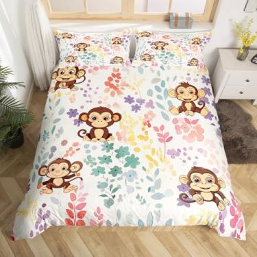 Imagem de Erosebridal Jogo de cama solteiro de macaco kawaii, desenho animado, flor de macaco, para crianças, meninas, meninos, conjunto de cama floral aquarela, floresta, animais selvagens, capa de edredom com