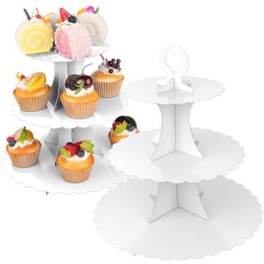 Imagem de Suporte de cupcake de 3 camadas, pacote com 2 unidades, suporte de bolo, torre, papel redondo, para exibição de bolo, para aniversário, batizado, suporte de confeitaria descartável para decoração de