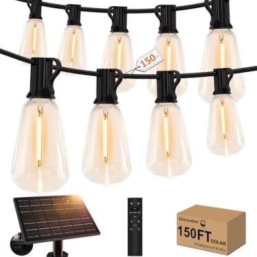 Imagem de GHUSTAR Cordão de luzes solares de 45,7 m com controle remoto - Luzes de pátio externas recarregáveis por USB - Temporizador, lâmpadas ST38 reguláveis à prova de estilhaçamento para quintal, jardim