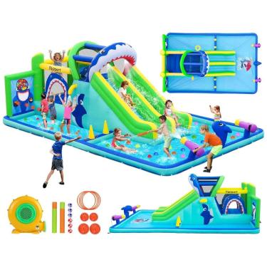 Imagem de Parque Aquático Inflável com Tobogã e Parque Aquático da FBSPORT: Castelo com Duplo Tobogã, Parede de Escalada, Área de Pulo