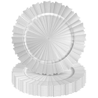 Imagem de Tomeurperf Pratos carregadores prateados a granel 10 peças - 33 cm elegantes carregadores prateados para pratos de jantar, conjunto de placas de carregamento decorativas de casamento e eventos (borda