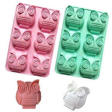 Imagem de Pacote com 2 moldes de sabão de silicone de coruja com 6 cavidades, formas de chocolate em forma de coruja, barras antiaderentes de loção, bandeja de cubos de gelatina, bandeja de cubo de gelo de grau
