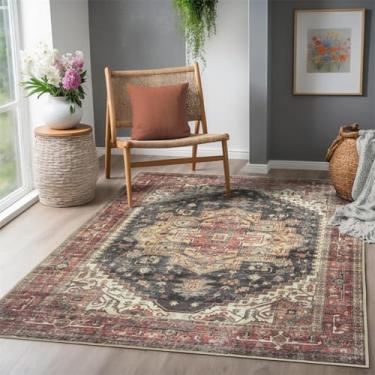 Imagem de ESSMOKO Tapete para sala de estar tapete de estilo turco, tapete retrô, estilo étnico, tapete para quarto, restaurante, vermelho retro e preto, 40 x 60 cm