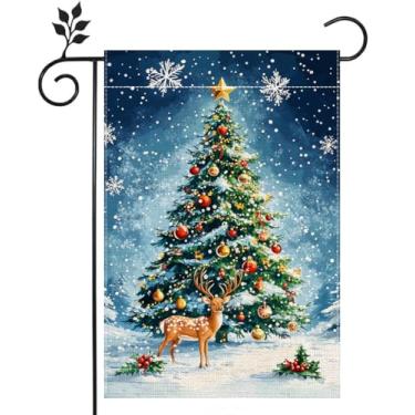Imagem de Bandeira de jardim de floco de neve de rena de inverno para árvore de Natal externa bandeira de quintal de boas-vindas 30 x 46 cm serapilheira dupla face para casa de fazenda decoração de casa