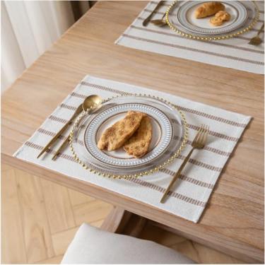 Imagem de Caflife Jogo americano Boho Farmhouse, conjunto de 6, tapetes de mesa de linho de algodão com listras acastanhadas para mesa de jantar moderna, tapetes rústicos de 33 x 48 cm para decoração de cozinha