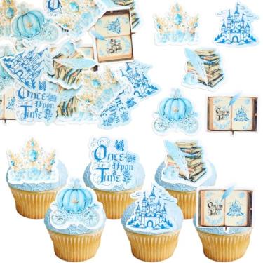 Imagem de Ephlyn 54Pcs Edible Once Upon A Time Birthday Cupcake Toppers Wafer Paper Fairytale Book Party Castle Opening Magic Book Cupcake Picks for Princess Party Cake Decoration Supplies Blue