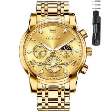 Imagem de OLEVS Relógios masculinos de luxo de aço inoxidável, relógio social fácil de ler, mostrador grande, cronógrafo, casual, analógico, números romanos, reloj para hombre, Pulseira de ouro, face dourada