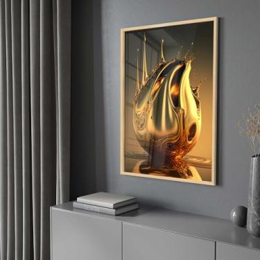 Imagem de Quadro Decorativo com Moldura e Acrilico Cristal Vidro Gota Dourada Arte Abstrata Sala Quarto Hall