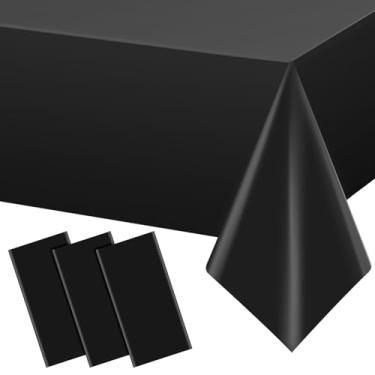 Imagem de YIDAKO 3 peças de toalha de mesa preta retangular, toalha de mesa de plástico descartável, capa de mesa preta à prova d'água para formatura, aniversários, casamentos, decorações de festa de
