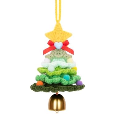Imagem de Netholid Árvore de Natal de crochê com sino, mini enfeites de árvore de Natal tricotados feitos à mão para decoração de Natal lembrancinha de festa (verde)