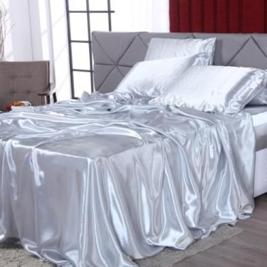 Imagem de Conjunto de Cama Cetim 4 peças Charmousse Premium Tamanho Casal Padrão Queen e King(Prata,King)