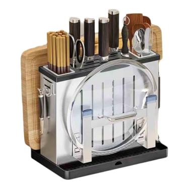 Imagem de JUSHZ Bandeja de cozimento, bandeja de armazenamento, suporte para armário, suporte de tábua de cortar, bancada de cozinha, faca de aço inoxidável, cesto de talheres com bandeja de drenagem (prata, 30