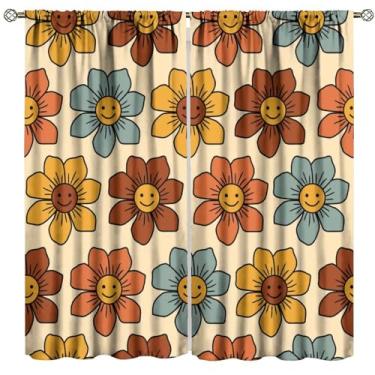 Imagem de Cortinas com flores dos anos 70, cores retrô, floral, descoladas, vintage, blecaute, cortinas para quarto, sala de estar, cozinha, café, decoração (L80 x C 150 cm) x 2 painéis